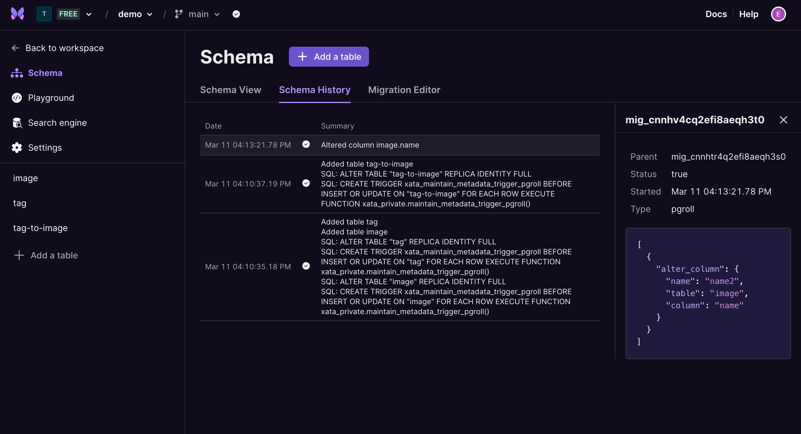 New Schema History tab